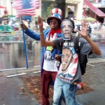 Uncle Sam and an Obama supporter stroll the streets of Charlotte.