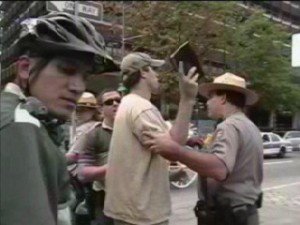 Ranger Alan Sapertstein arrests Michael Marcavage as he preaches the Gospel.