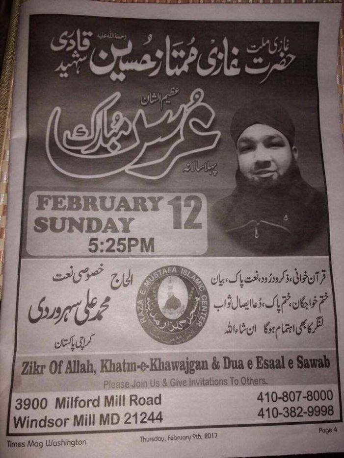 Maryland Mosque Honors Assassin of Pakistani Governor Who Spoke Against Blasphemy Laws