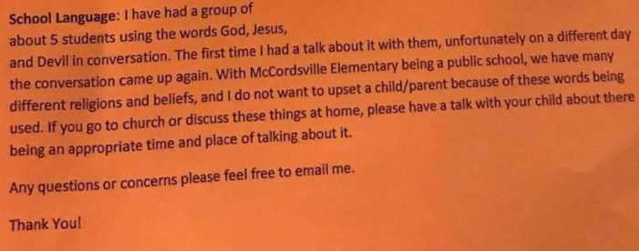 Indiana Teacher Tells First-Graders to Keep ‘God, Jesus, Devil’ Out of Classroom Conversations