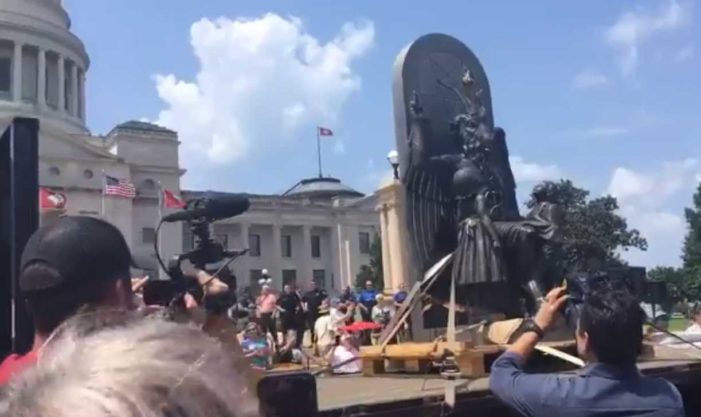 Satanic Temple Trucks in Baphomet Statue for Event Calling for Equality After Ten Commandments Installed at Arkansas Capitol