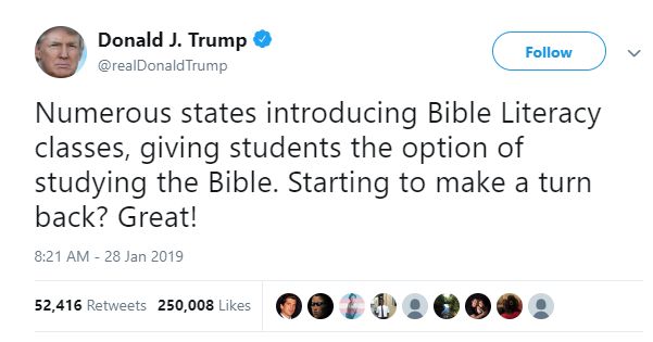 Trump Tweets Support for State Bills That Would Authorize Offering of Elective Bible Classes in Schools