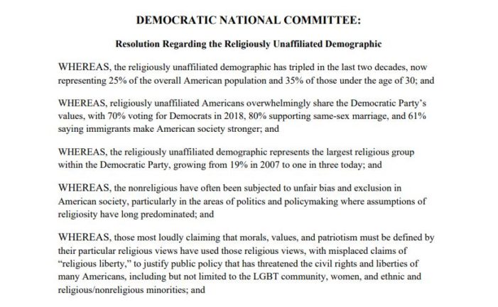 Democratic Party Passes Resolution Embracing ‘Religiously Unaffiliated,’ Criticizing Christian Religious Liberty