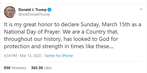 Trump Declares Sunday as National Day of Prayer in Midst of COVID-19 Outbreak