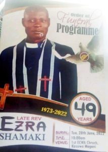 Funeral announcement for the Rev. Ezra Shamaki, slain on June 21, 2022 in Kaduna state, Nigeria. (Facebook)