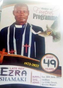 Funeral-announcement-for-the-Rev.-Ezra-Shamaki-slain-on-June-21-2022-in-Kaduna-state-Nigeria.-Facebook-214×300