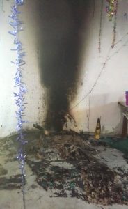 Fire damage to church building in Chaukipura village, Madhya Pradesh, India on Feb. 12, 2023. (Morning Star News)