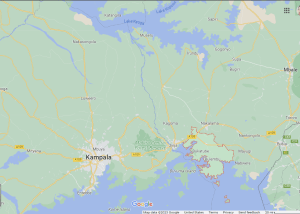 Location of Kayuge District, Uganda, outlined in red. (Map data © 2023 Google)