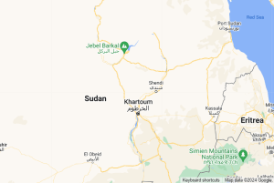 Shendi town in relation to Khartoum, Sudan. (Map data © Google 2024)