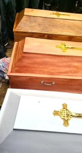 Caskets bearing corpses of three Christians killed in Jos, Plateau state, Nigeria on April 3, 2026. (Facebook)
