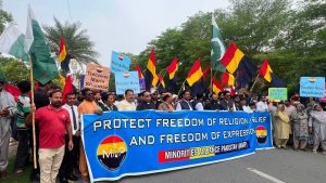 Blasphemy laws were among oppressive measures opposed in protest in Faisalabad, Pakistan on National Minorities Day on Aug. 11, 2026. Minorities Alliance Pakistan