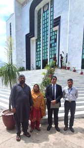 Maria Shahbaz's parents Shahbaz Masih and Erum Shahbaz with attorney Saqib Jillani and rights activist Safdar Chaudhry at Federal Constitutional Court building. (Christian Daily International-Morning Star News)